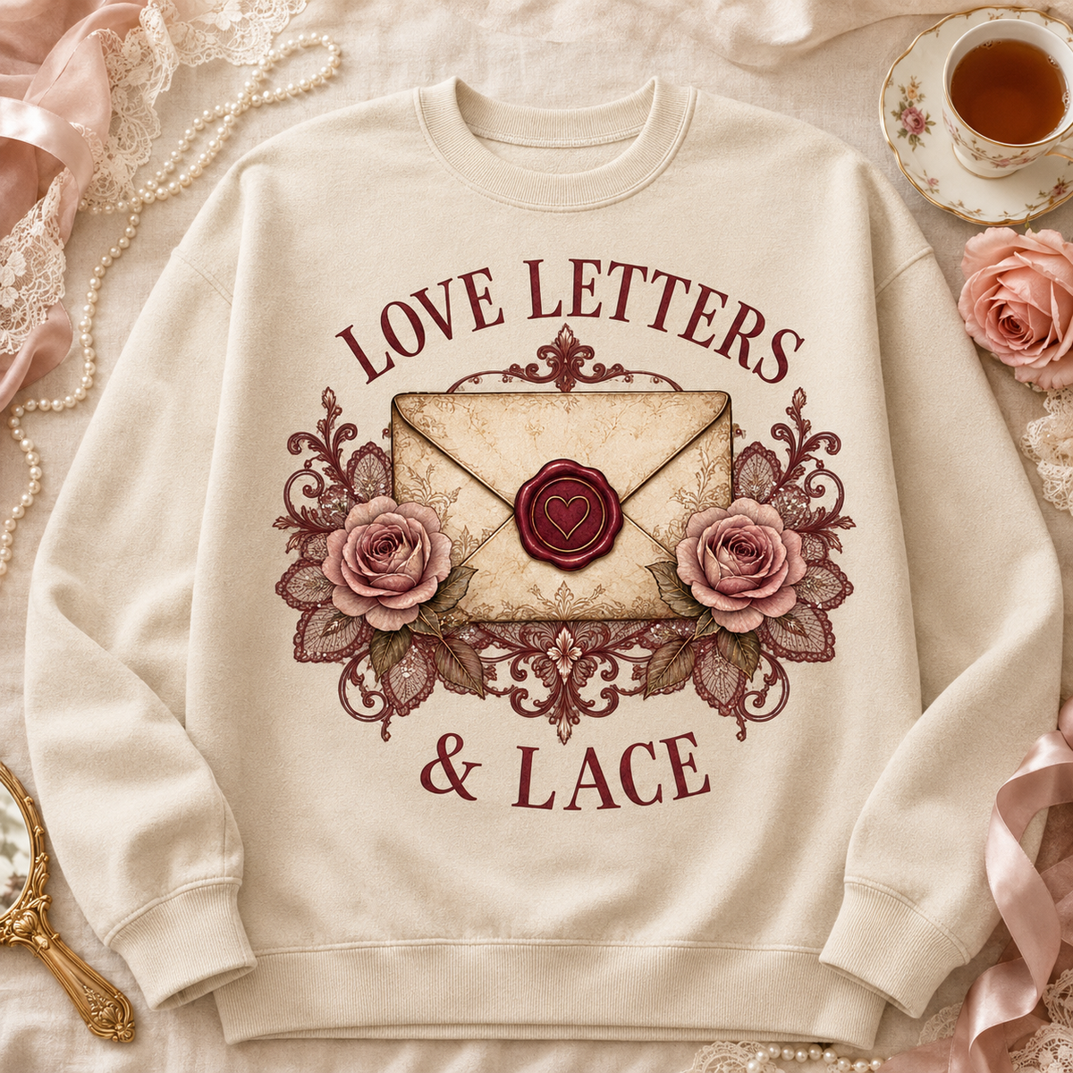 Love Letters & Lace Crewneck Sweatshirt — Vintage Floral Envelope Graphic