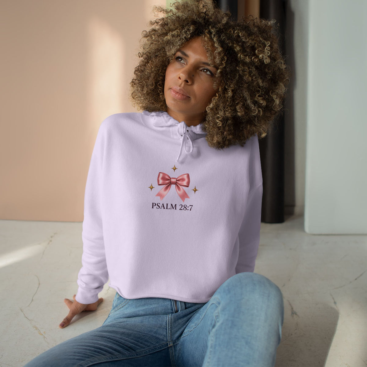 Psalm 28:7 Cropped Hoodie — 'The Lord Is My Strength and My Shield' Pastel Bow Religious Crop Hoodie