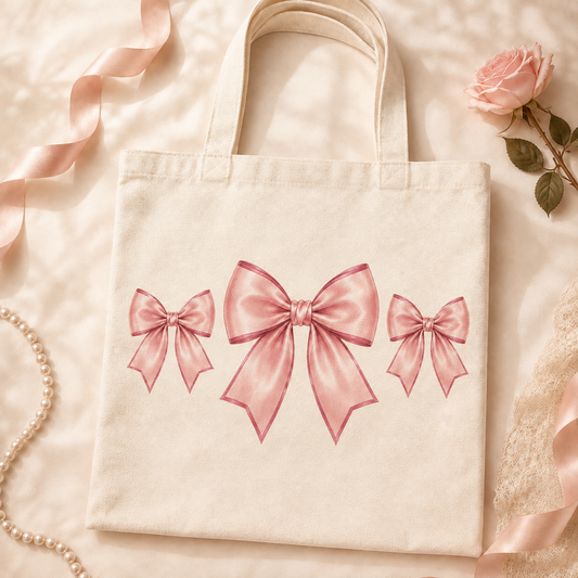 Bow Trio Cotton Tote Bag — Pink Ribbon Gift Tote