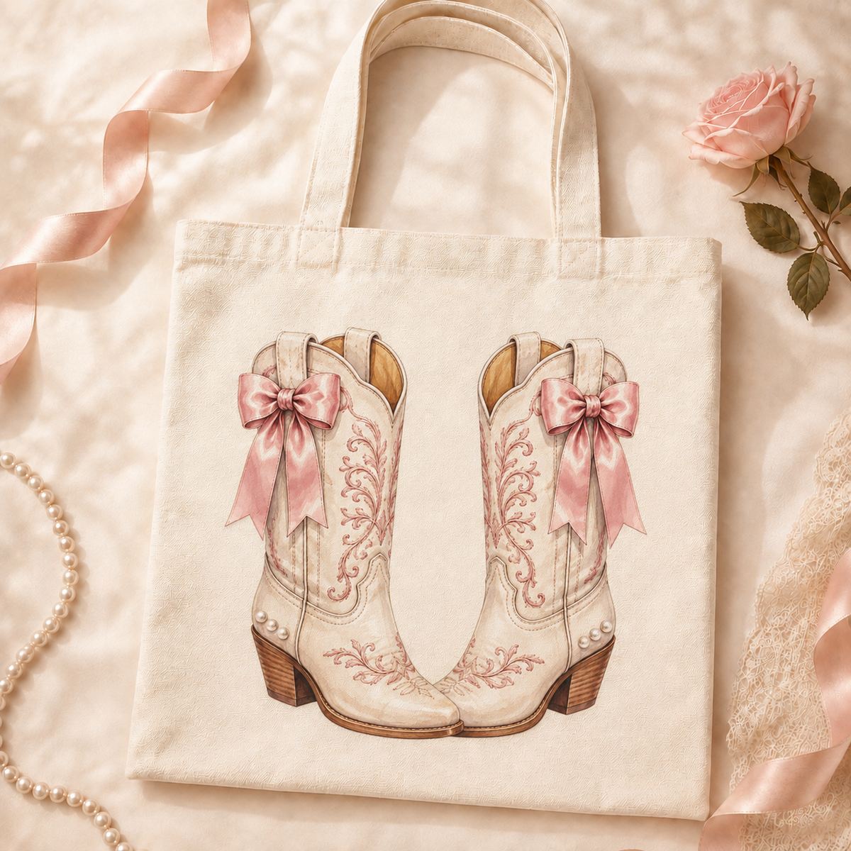 Canvas Tote Bag — Pink Floral Cowboy Boots Monogram 'U' Tote