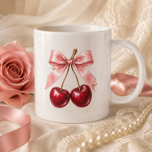 Cherry Bow Mug — Cute Retro Cherries Ceramic Coffee Cup (11oz & 15oz)