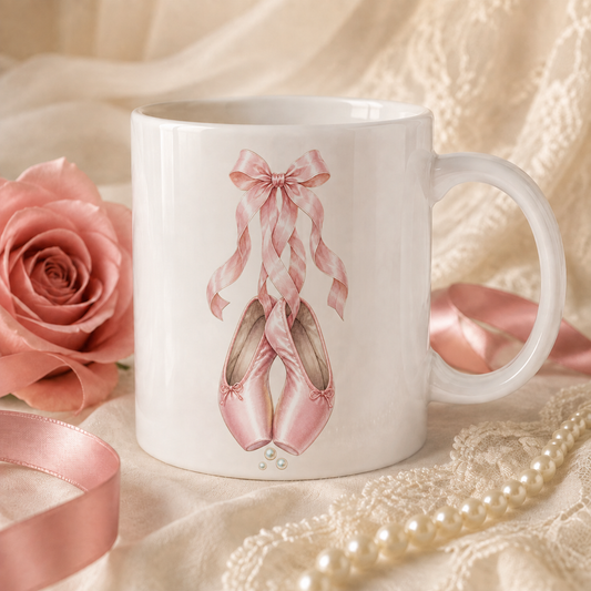 Ballet Pointe Shoes Ceramic Mug — Pink Ribbon Dance Coffee Cup (11oz & 15oz)