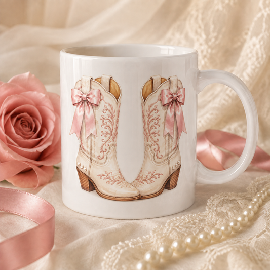 Cowgirl Boots Coffee Mug — Pink Bow Western Ceramic Mug (11oz & 15oz)
