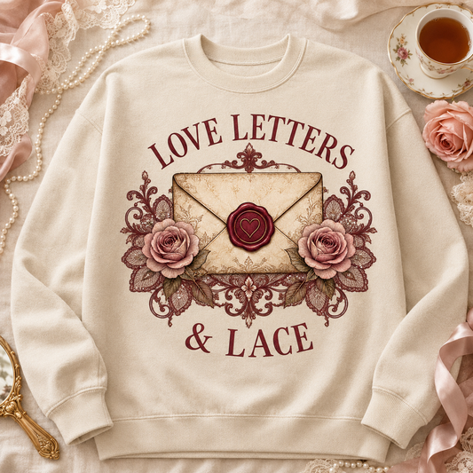 Love Letters & Lace Crewneck Sweatshirt — Vintage Floral Envelope Graphic