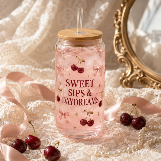 Sipper Glass - "Sweet Sips & Daydreams" Cherry Decorative 16oz Drink Tumbler