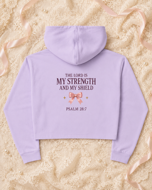 Psalm 28:7 Cropped Hoodie — 'The Lord Is My Strength and My Shield' Pastel Bow Religious Crop Hoodie