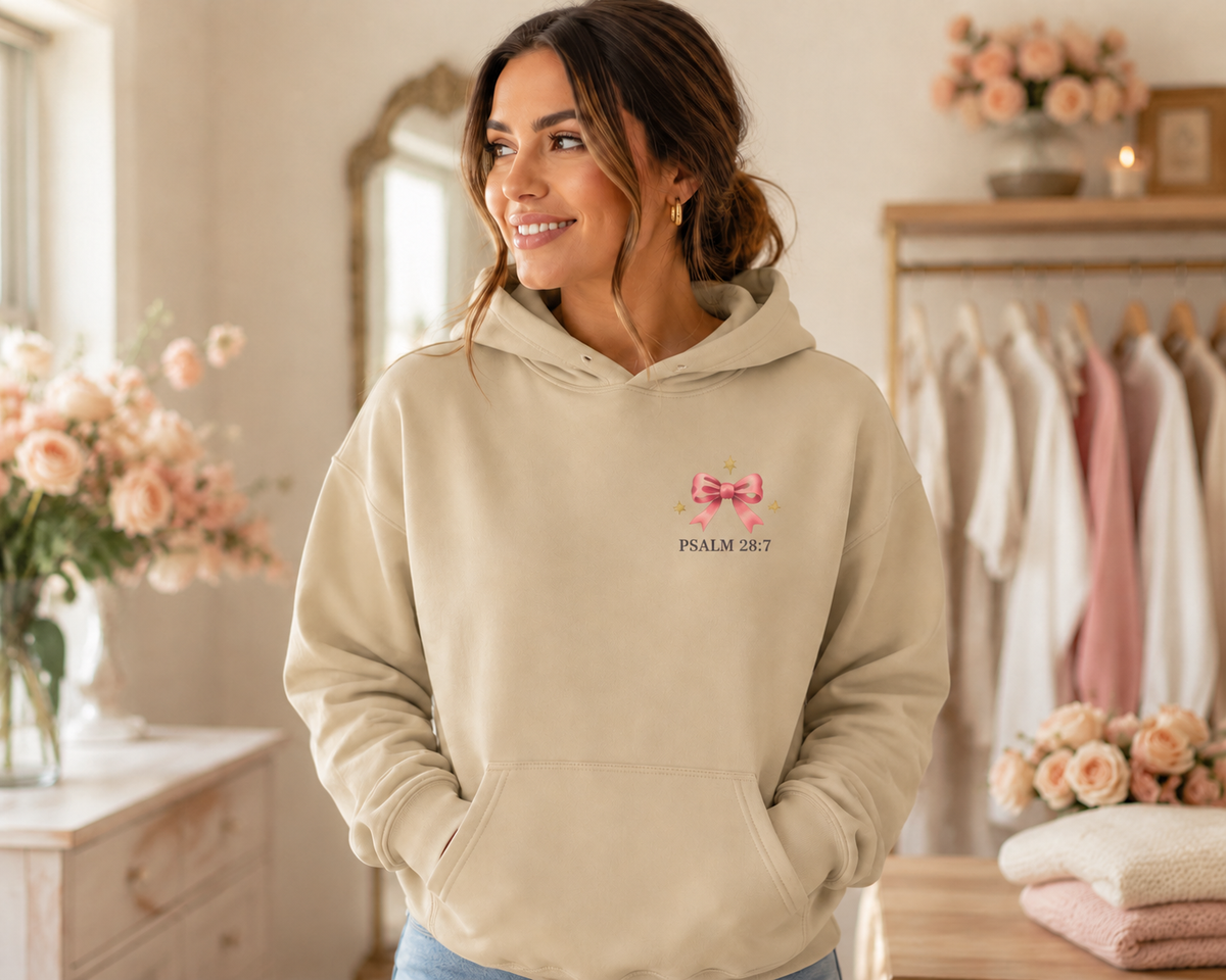 Psalm 28:7 Bow Hoodie — "The Lord is My Strength and My Shield" Christian Sweatshirt