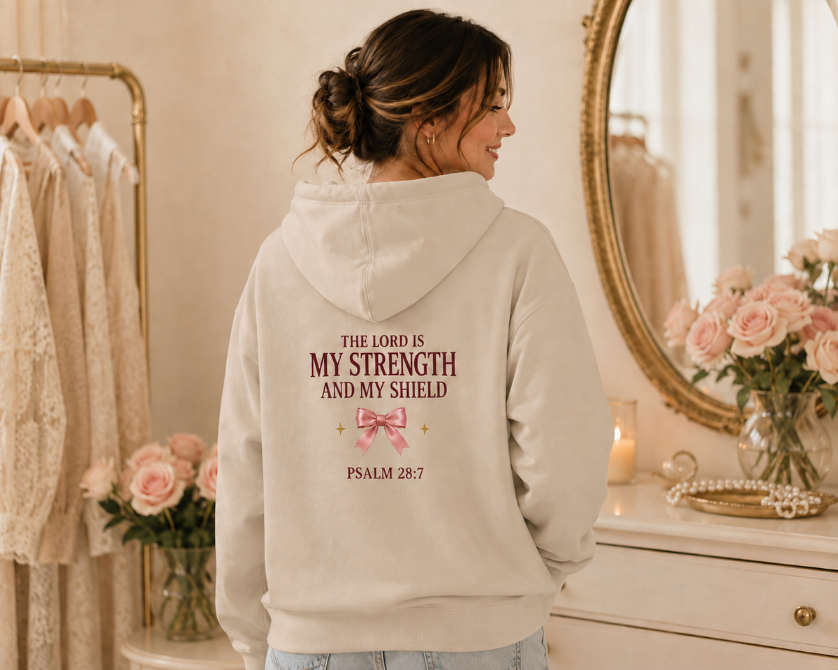 Psalm 28:7 Bow Hoodie — "The Lord is My Strength and My Shield" Christian Sweatshirt